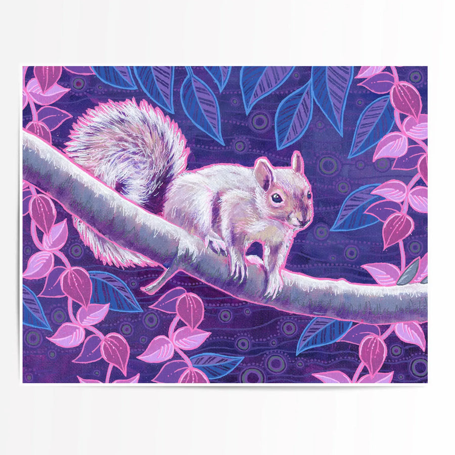 Art Print of a Illustrated squirrel on a branch among pink leaves against a patterned purple backdrop.