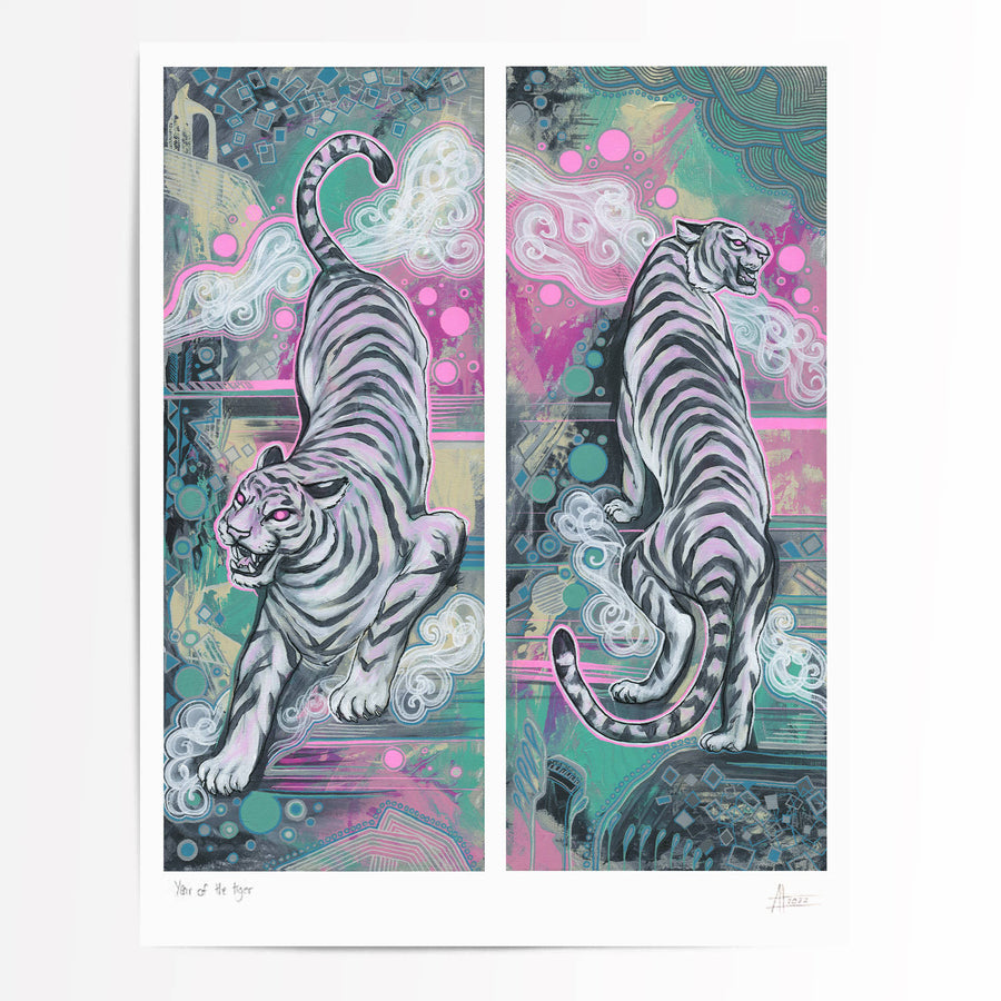 Year of the Tiger Pair - Fine Art Print, 11x14 on vibrant abstract backgrounds, one tiger facing forward and the other turned away.