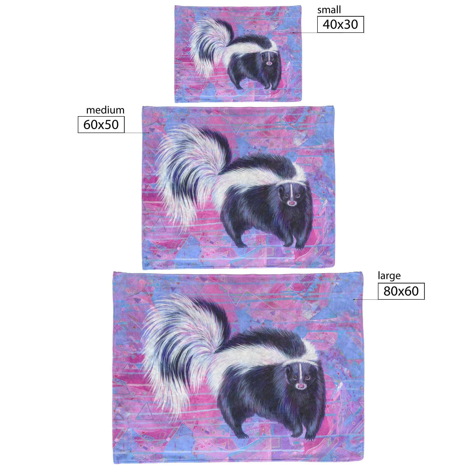 Three Skunk Blankets of a skunk on purple and pink abstract backgrounds, in descending sizes labeled small, medium, and large.