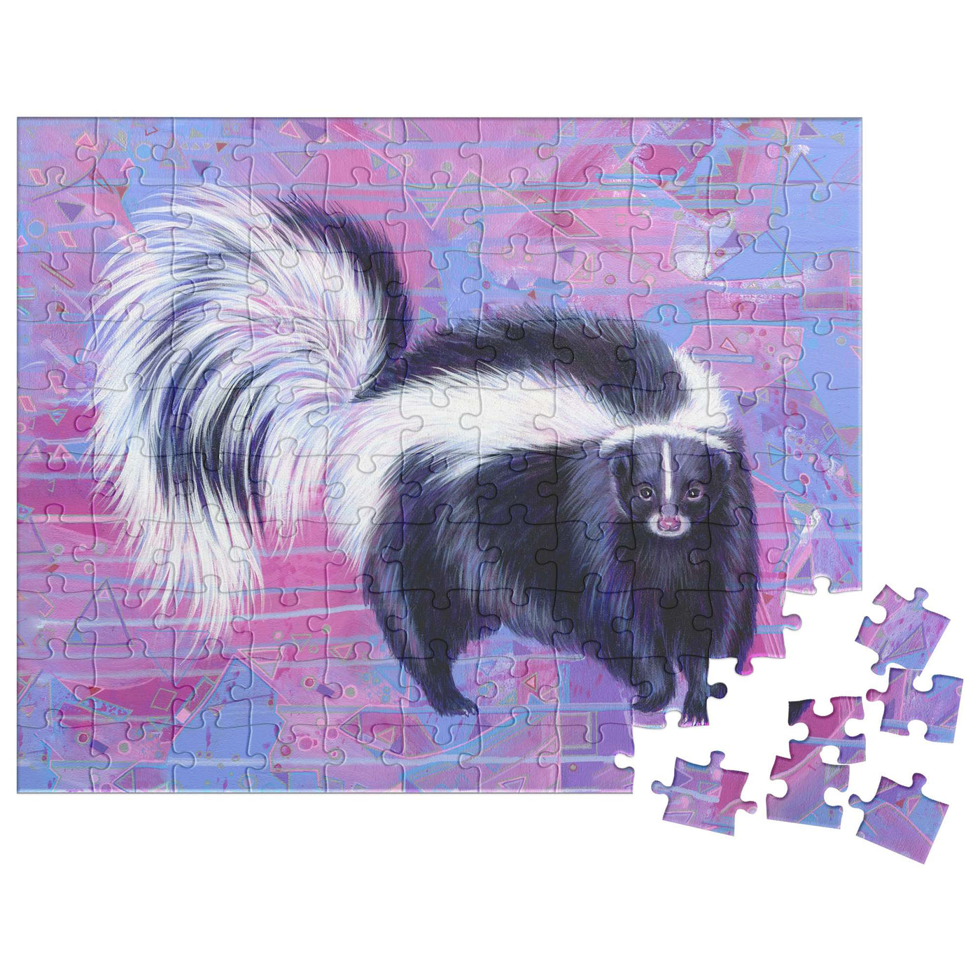 Skunk Puzzle with a few pieces detached, set against a pink and blue swirled background.