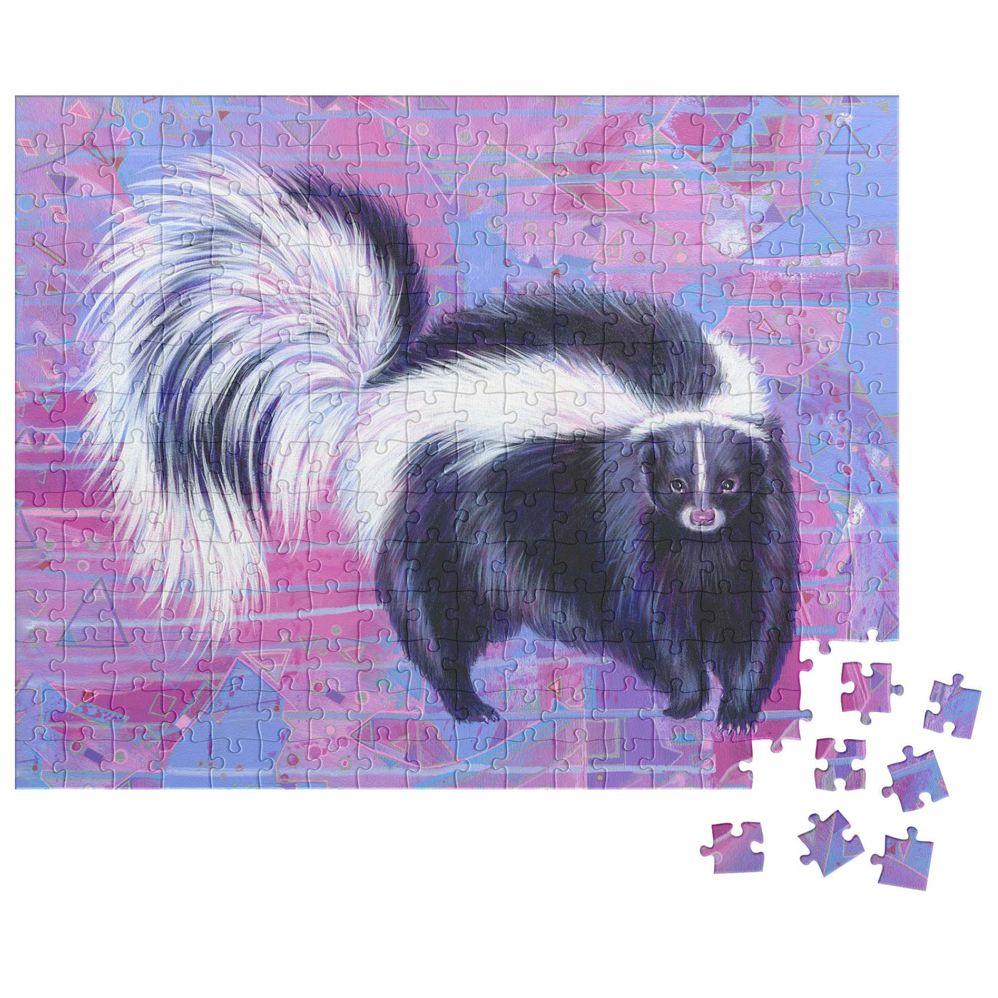 Skunk Puzzle of a skunk on a purple background, almost completed with a few pieces scattered beside it.