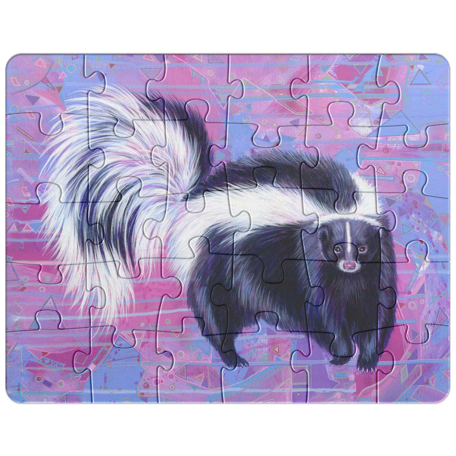 Skunk Puzzle depicting a skunk standing with its tail raised, set against a pink and blue artistic background.