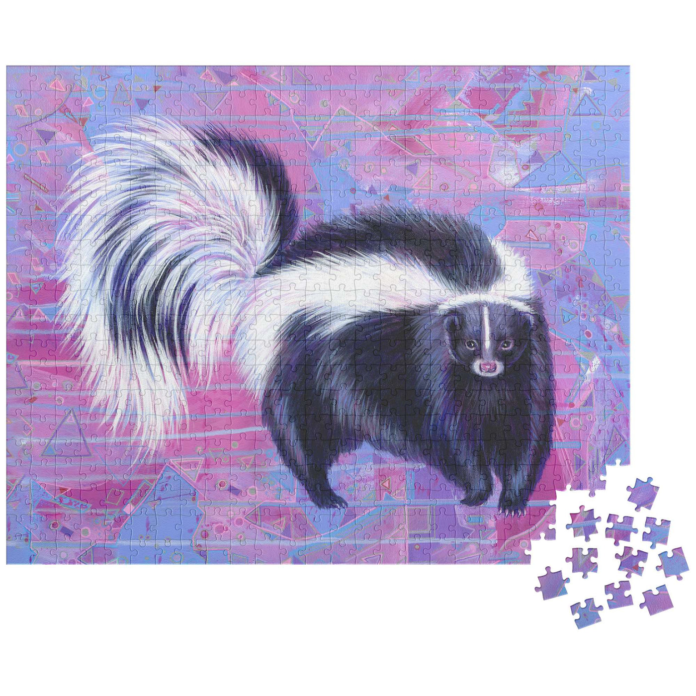 Skunk Puzzle featuring an illustration of a skunk, mostly assembled on a white background with a few pieces scattered beside it.