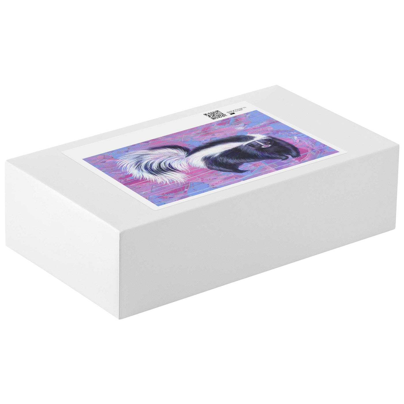 A closed white Skunk Puzzle box showcasing a colored abstract painting of a skunk on its lid. The box sits against a white background.