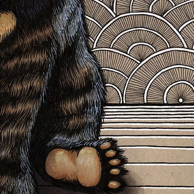 Illustration of a Sun Bear's foot stepping onto a geometric patterned surface, with detailed line art and shading.