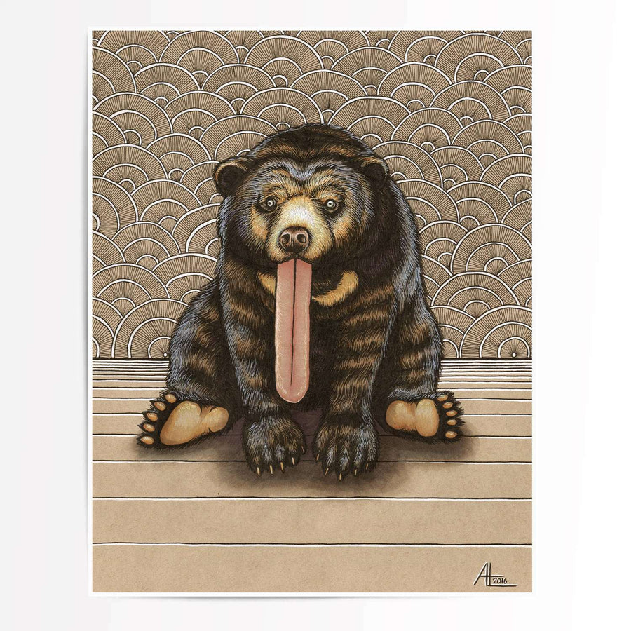 Illustration of a Sun Bear sitting with its tongue out, against a background of stylized waves and horizontal stripes.