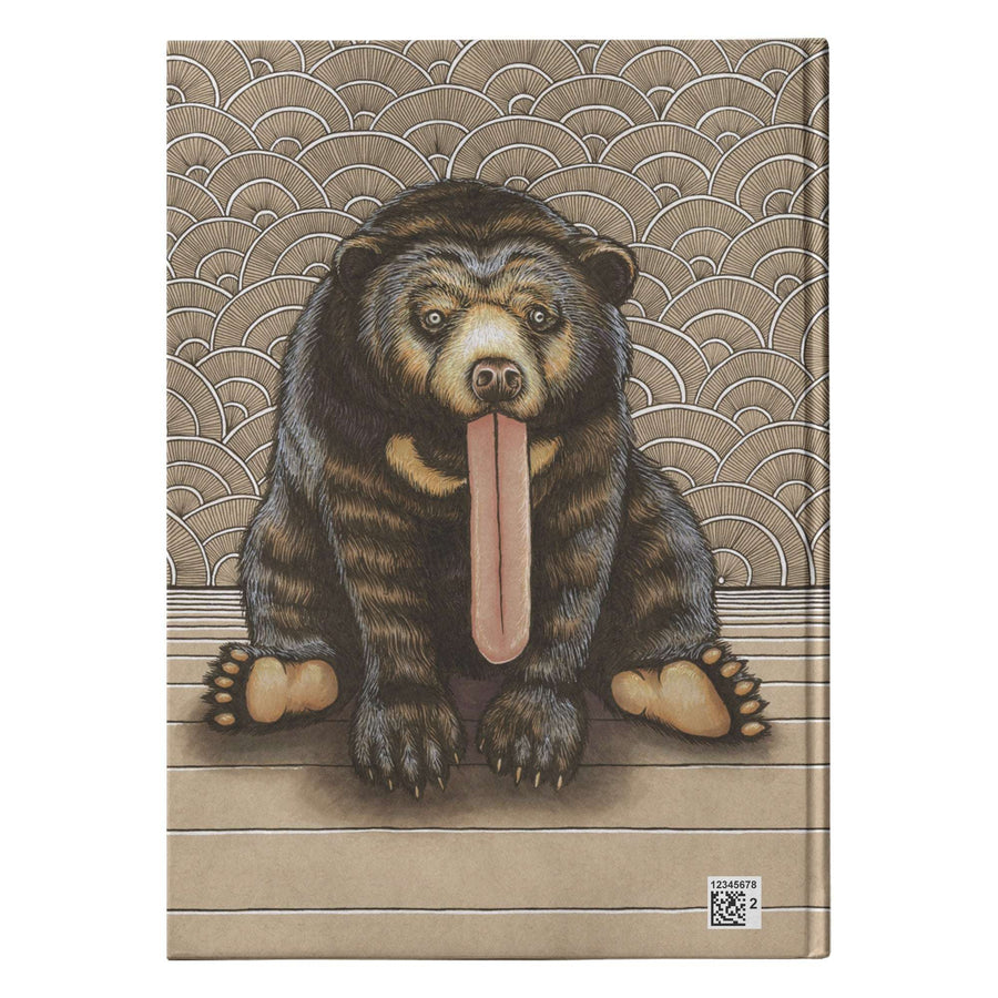Illustration in the Sun Bear Journal of a seated bear with an exaggerated long tongue, set against a patterned background.