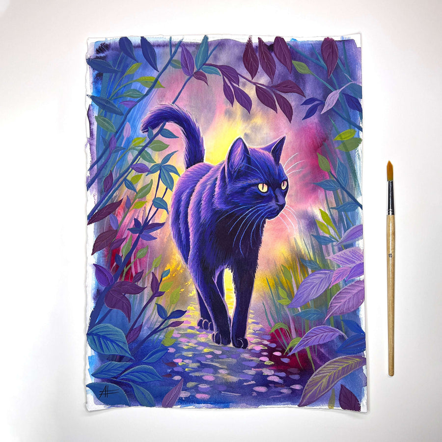 A painting of The Cat (Twilight Watch) walking on a colorful, leaf-strewn path, displayed next to a paintbrush, against a white background.