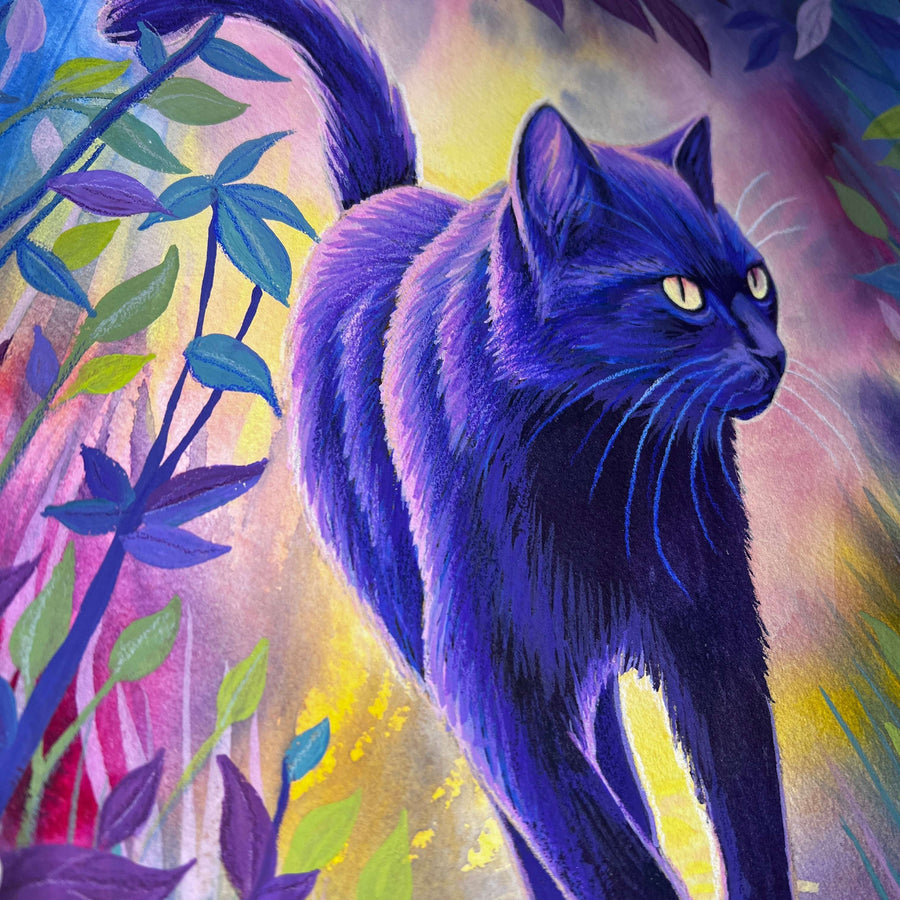 A vibrant painting of The Cat (Twilight Watch) walking through a colorful, foliage-rich landscape.