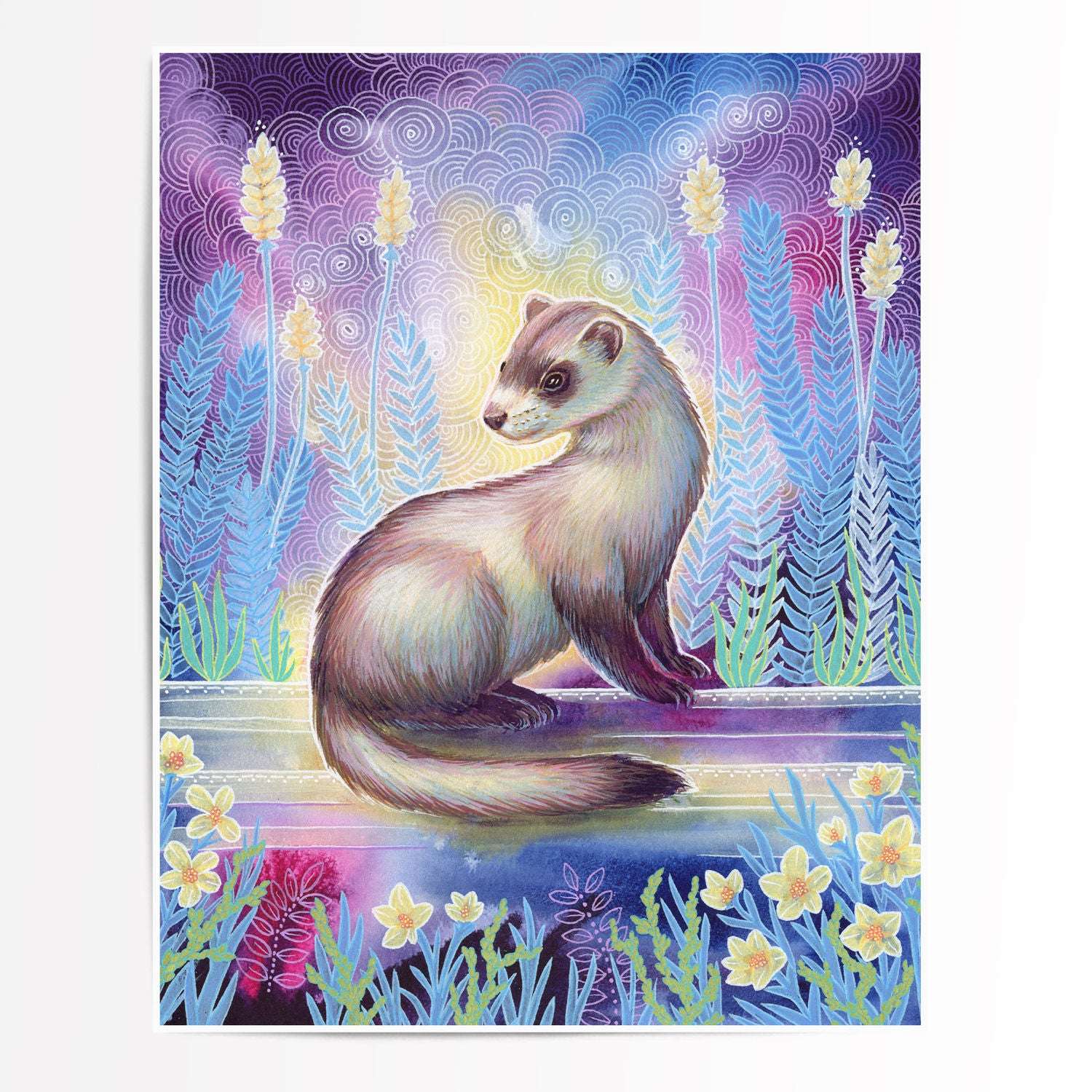 Illustration of The Ferret in a colorful, whimsical garden with detailed plants and a radiant, patterned sky.