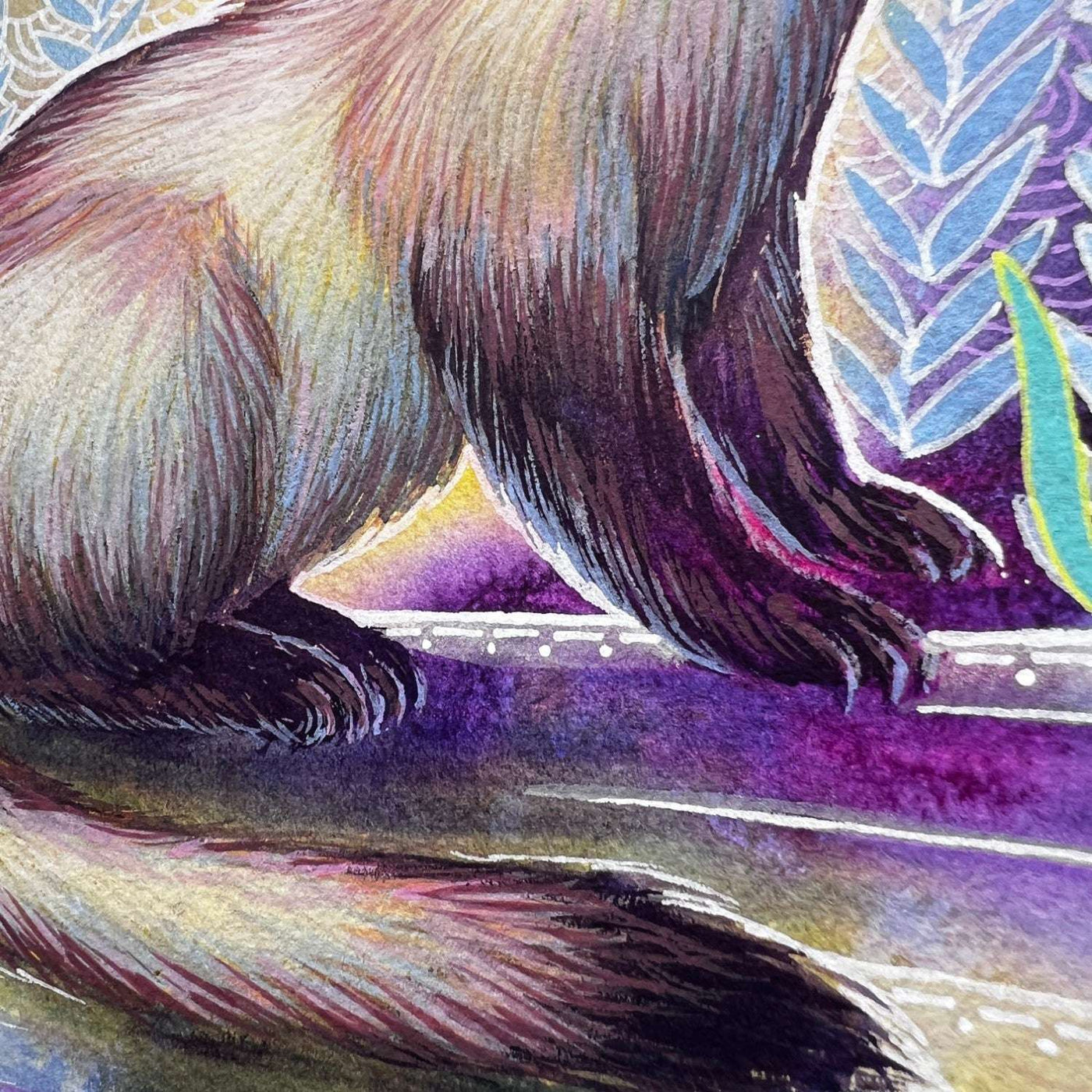 Close-up of "The Ferret - Original Artwork" depicting the fur detail of a ferret with vibrant purple and green background foliage.