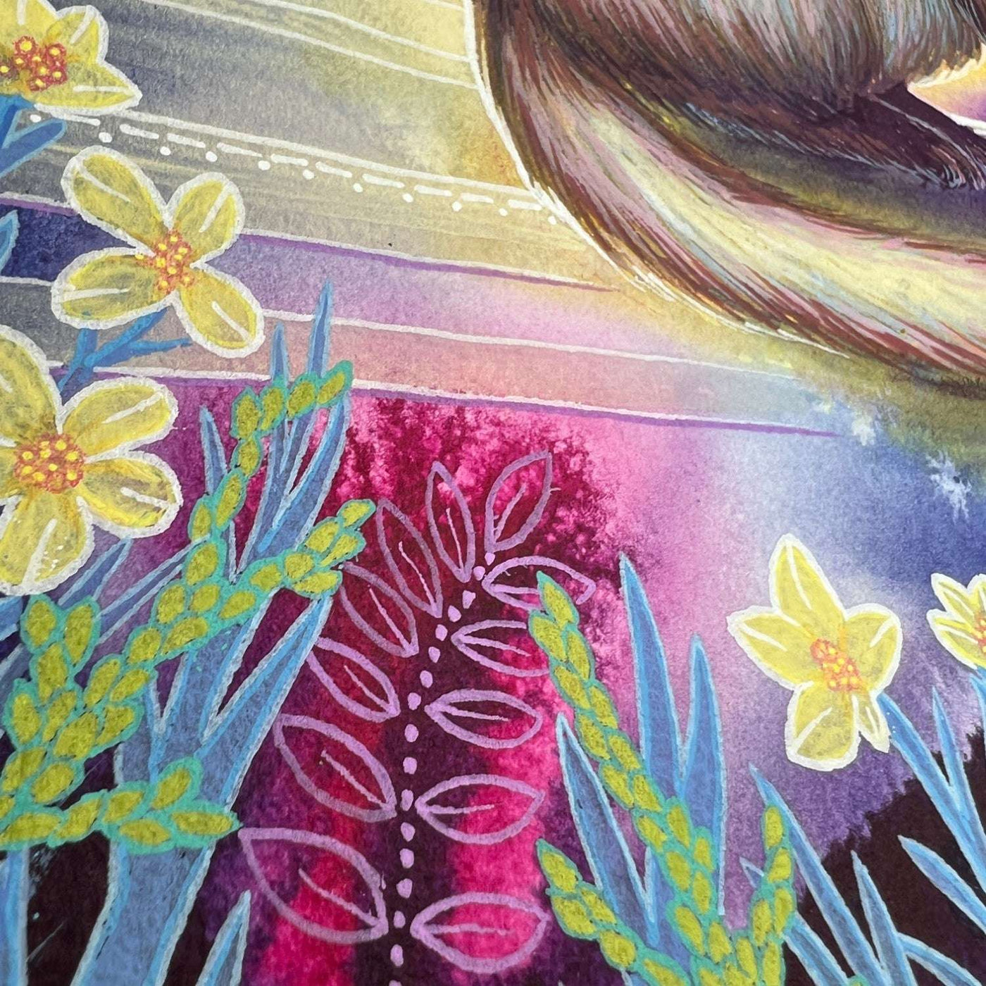 "The Ferret - Original Artwork" seen from a low angle, focusing on vibrant yellow flowers and ornate plant patterns against purple and blue hues.