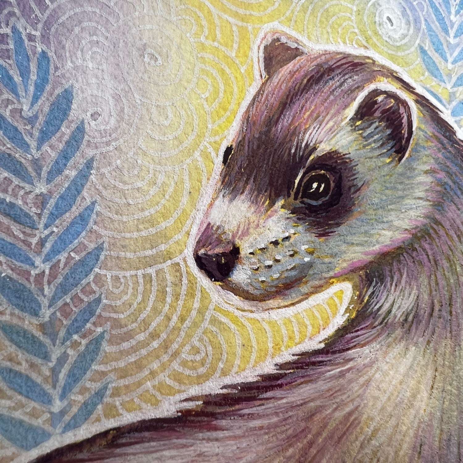 The Ferret - Original Artwork of a ferret with detailed, swirling patterns in the background. The artwork emphasizes the creature's detailed fur texture and expressive eyes.