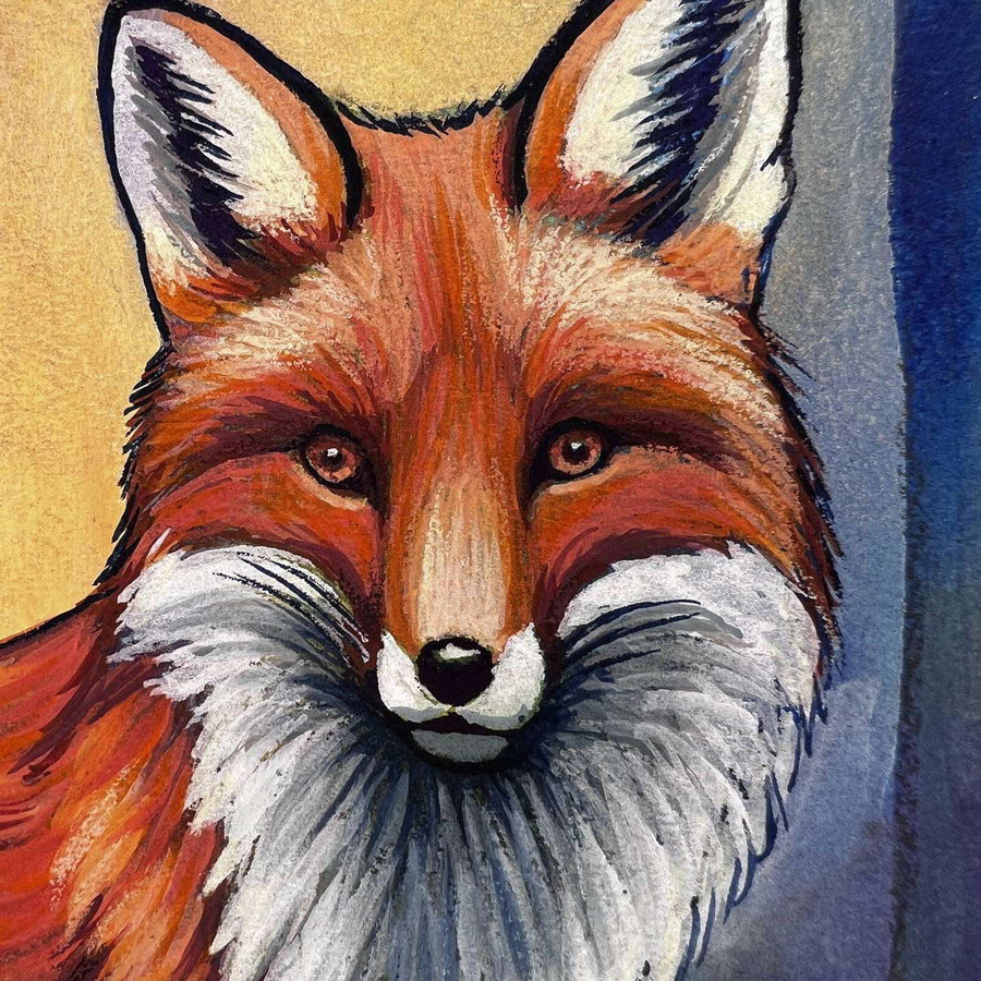 Close-up of a fox painting highlighting the detailed brushwork in the fur and piercing gaze.