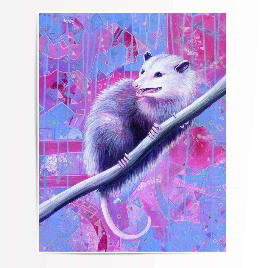 Art print of an illustrated white opossum clinging to a branch against a geometric purple background.
