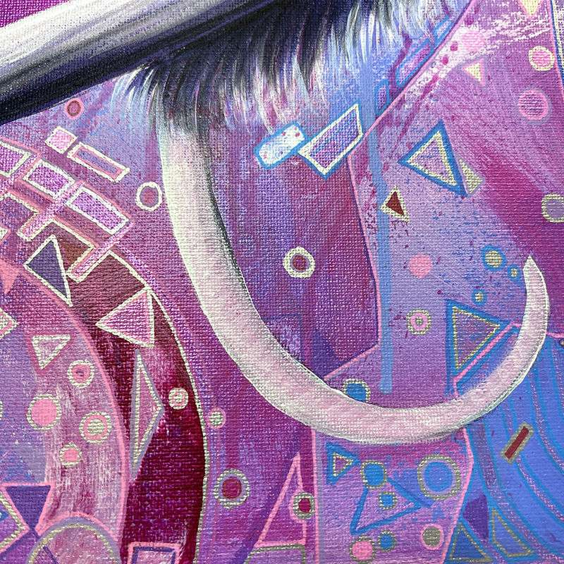 Detailed view of the intricate patterns and color play in the background of an opossum painting.