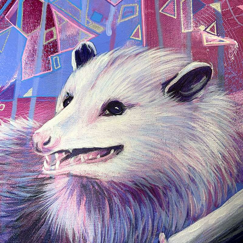 Close-up showcasing the texture and brushwork in the depiction of a grinning opossum against a complex geometric background.
