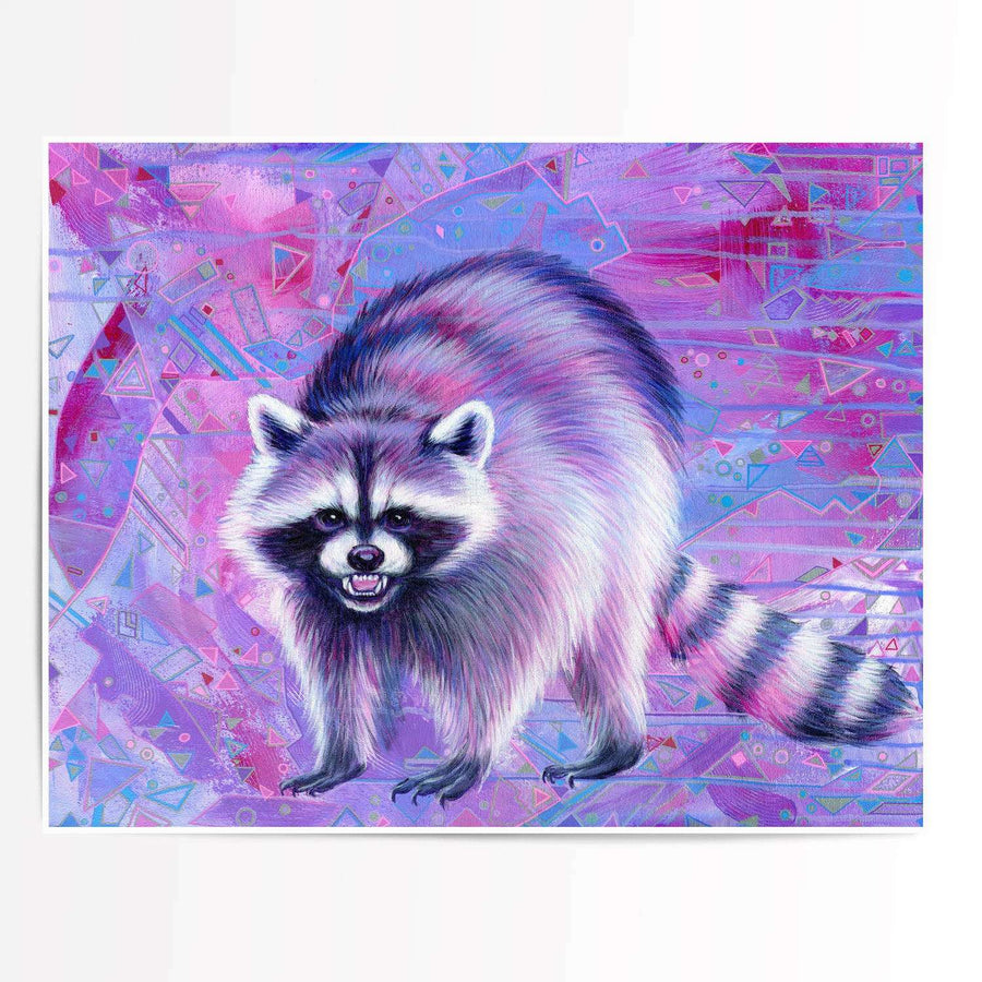 A vibrant illustration of The Raccoon (Trash Animals) on a colorful geometric background with purple and pink hues.