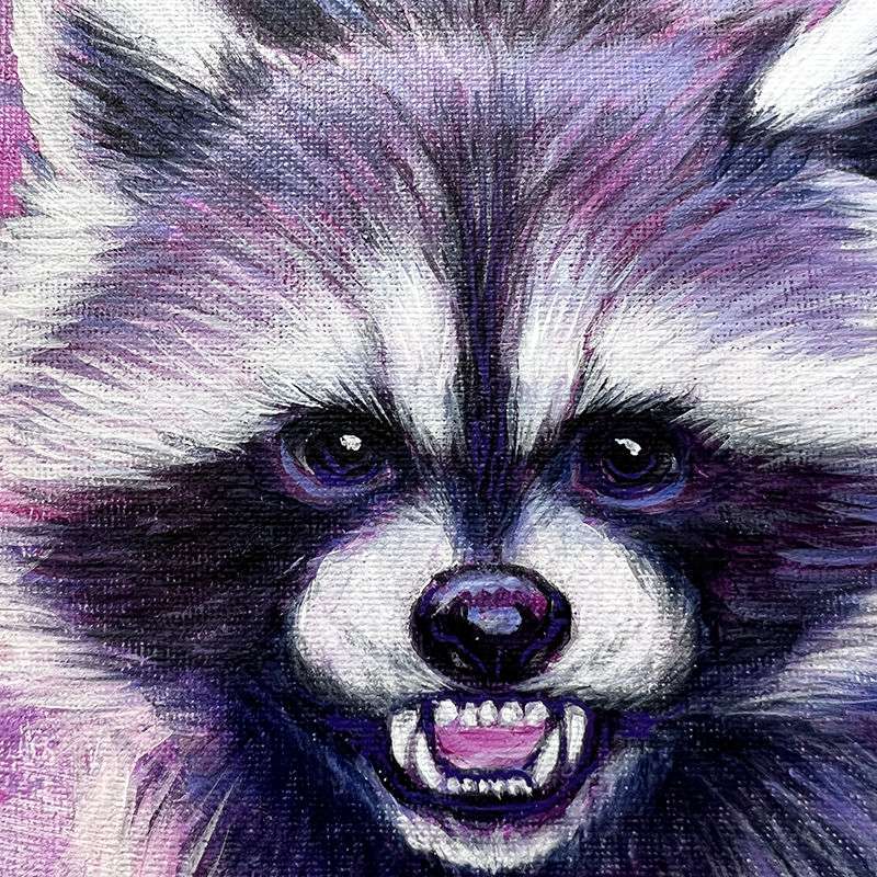 Close-up of a colorful painting of The Raccoon (Trash Animals) - Original Artwork's face with vivid pink and purple hues highlighting its fur and features.