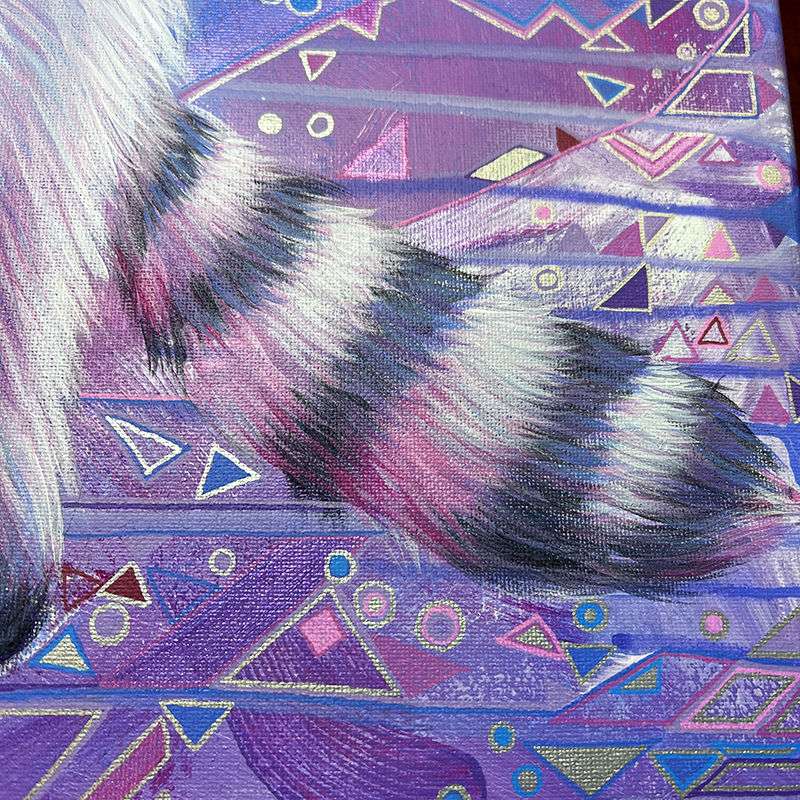 Close-up of a colorful abstract painting featuring geometric shapes and a textured depiction of The Raccoon (Trash Animals) - Original Artwork.