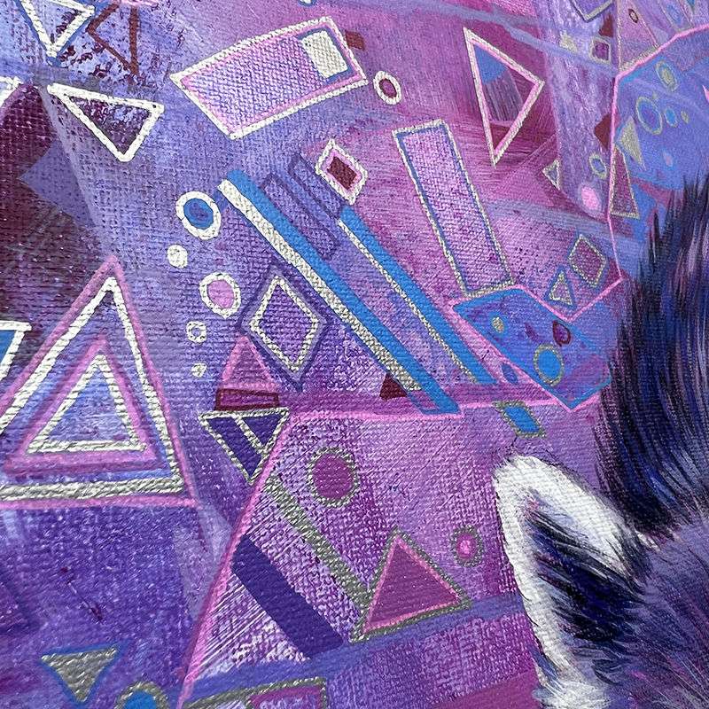 Abstract painting featuring geometric shapes in shades of purple and blue, with textures and brushstrokes visible, The Raccoon (Trash Animals) - Original Artwork.