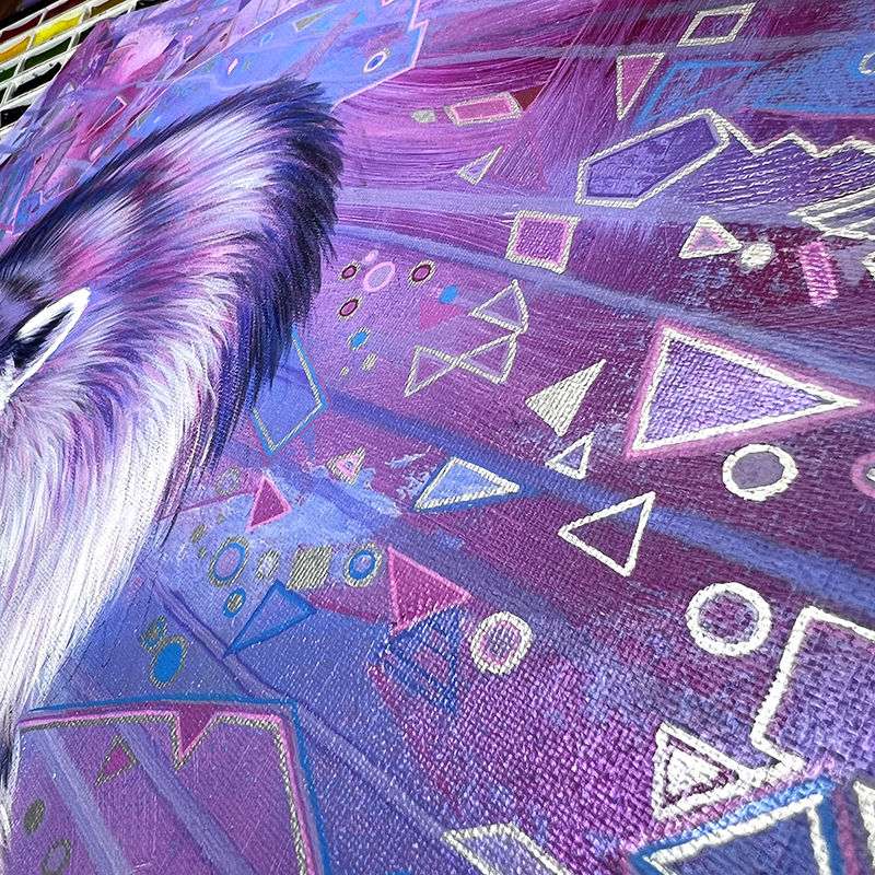 Close-up of The Raccoon (Trash Animals) - Original Artwork featuring textured brush strokes in purple and blue, with scattered geometric shapes in white and pink.