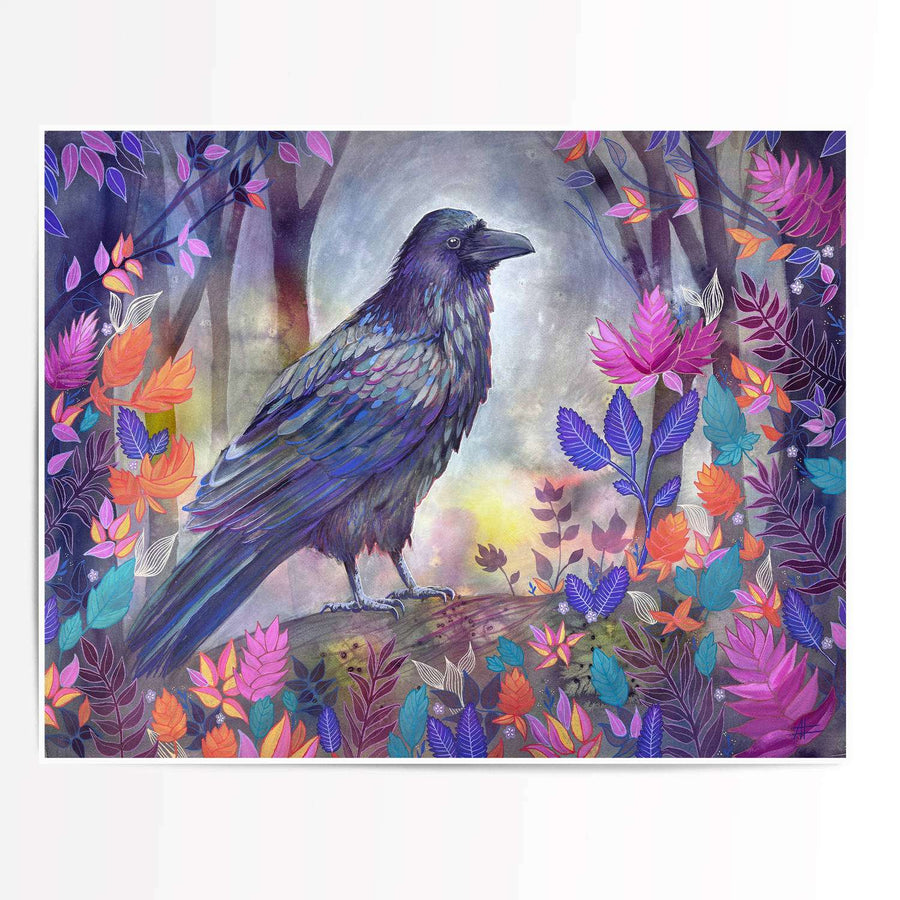 Illustration of The Raven (Night Flight) in a mystical forest with vibrant, colorful leaves and a softly lit background.