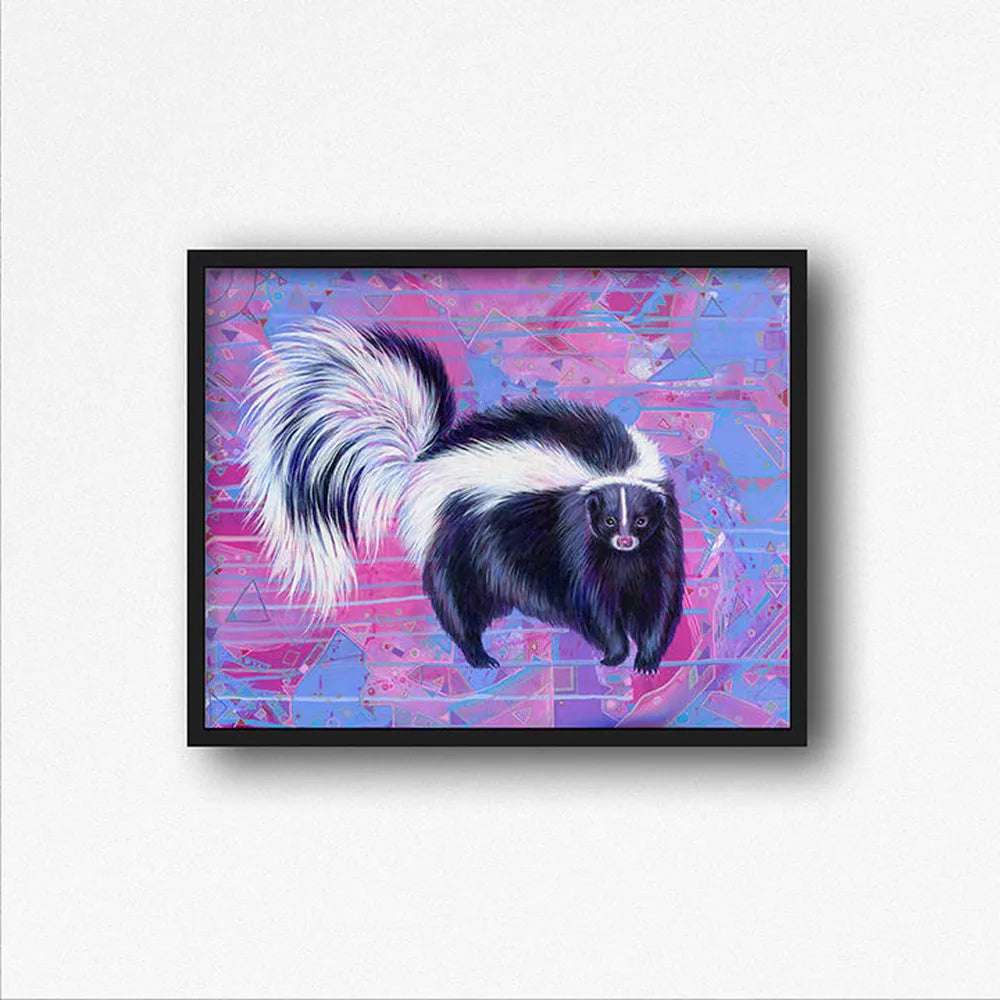 A vibrant painting of The Skunk (Trash Animals) on a pink and blue geometric background, framed and displayed on a wall.