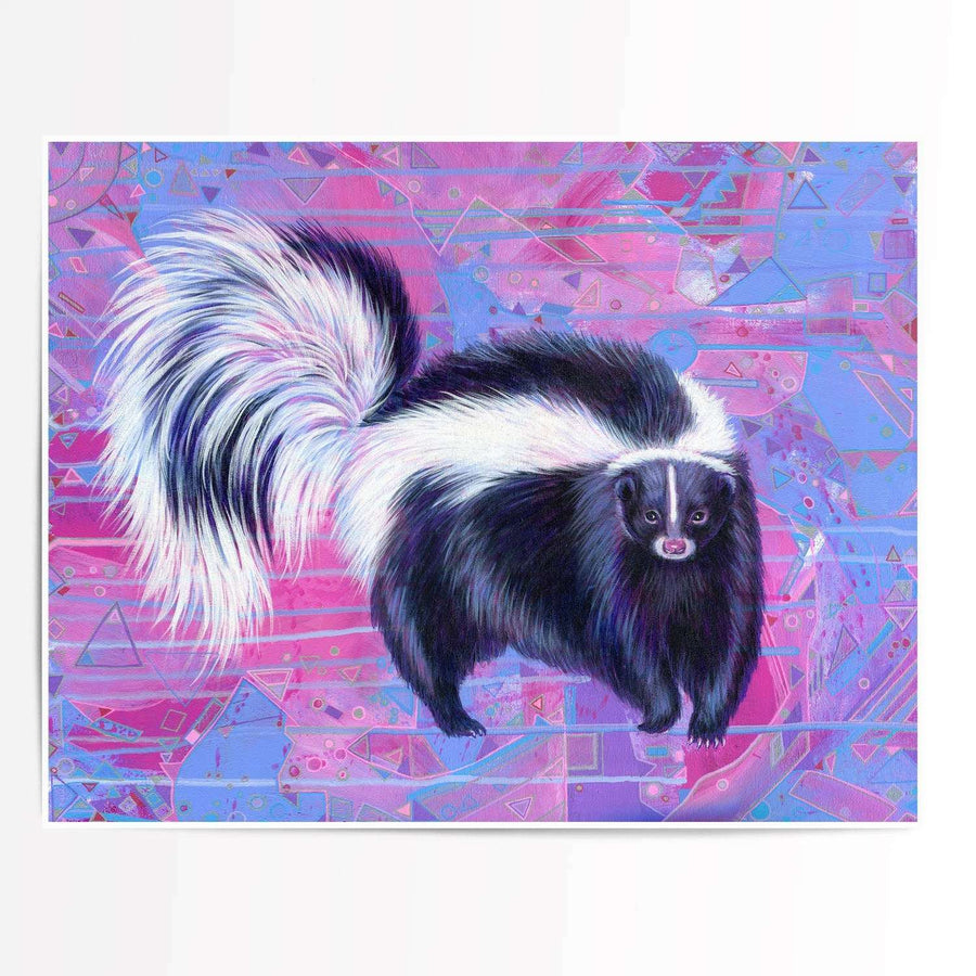 A vibrant fine art print of "The Skunk (Trash Animals)" with a prominent white tail against a colorful geometric patterned background in shades of purple and pink