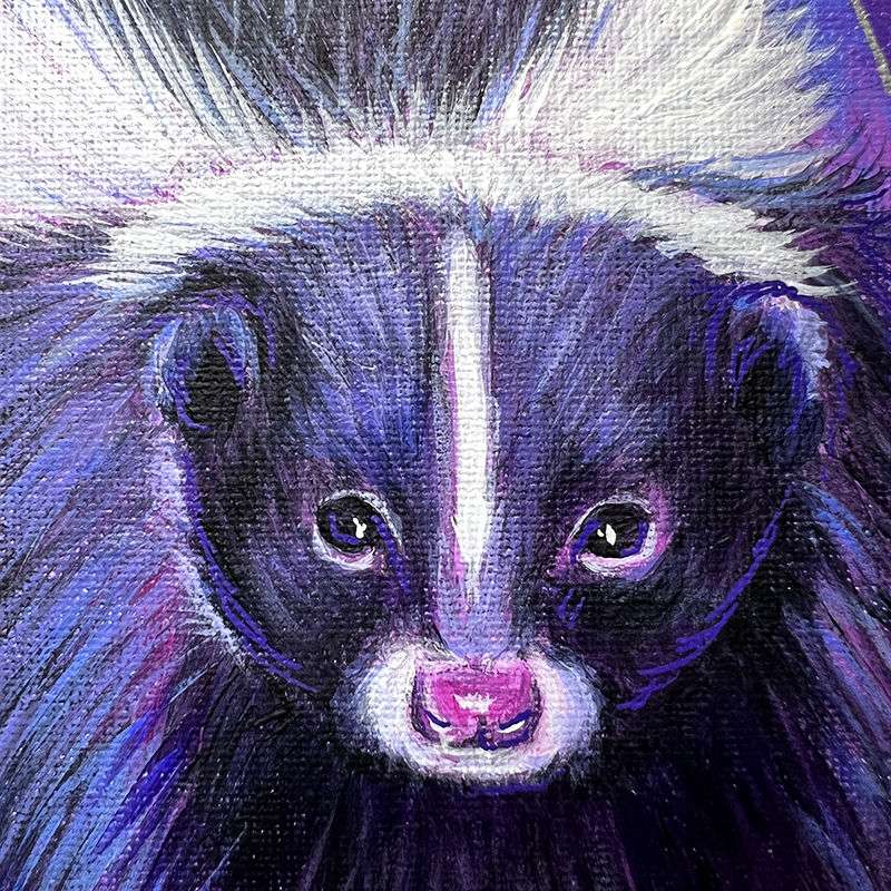 Close-up painting of The Skunk (Trash Animals) with prominent white and purple stripes on its head, looking directly at the viewer.