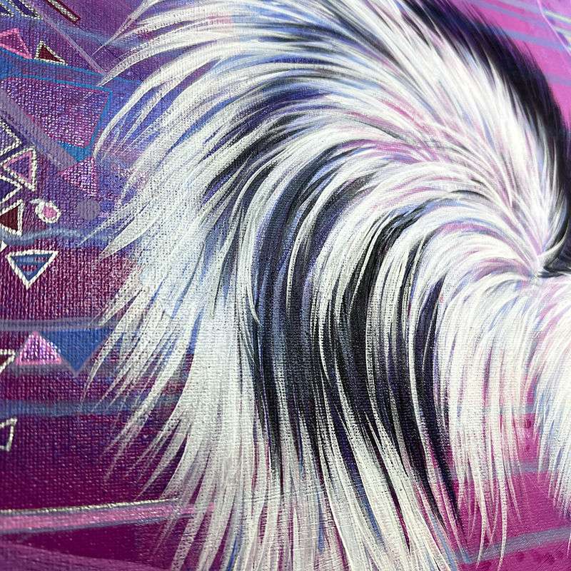 Close-up of an abstract painting featuring The Skunk (Trash Animals) - Original Artwork with a swirling white brushstroke on a textured purple background with geometric shapes.