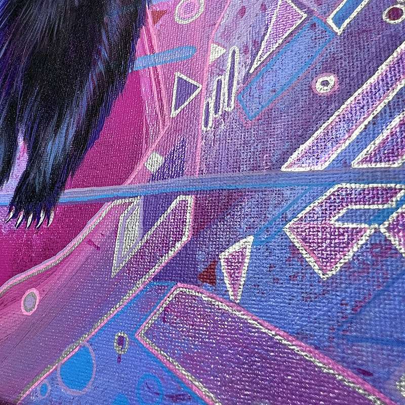 Close-up of The Skunk (Trash Animals) - Original Artwork with vibrant pink and purple hues, featuring geometric patterns and textured brush strokes.