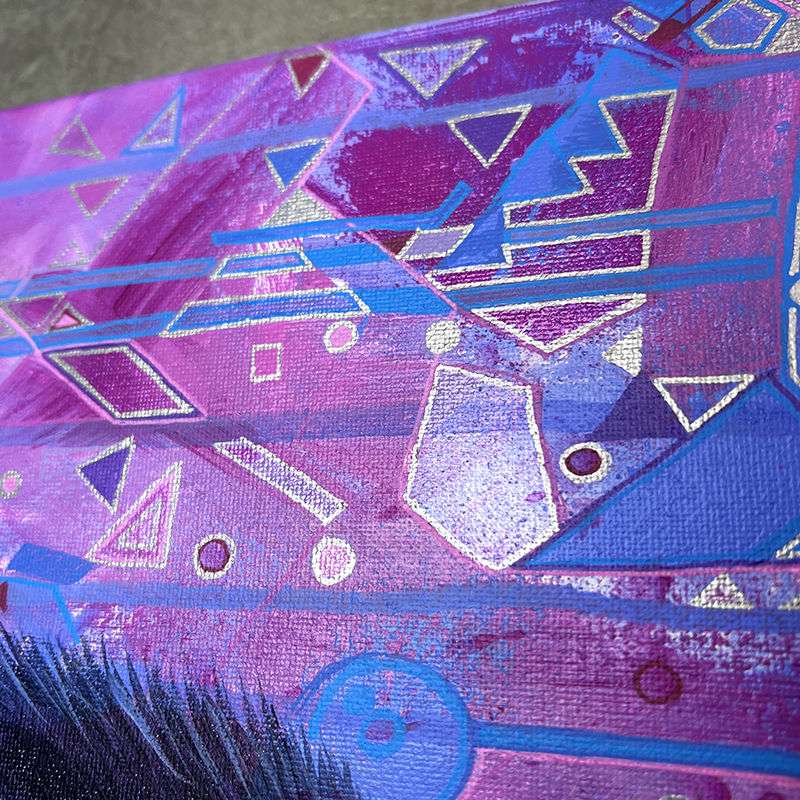 Close-up of The Skunk (Trash Animals) - Original Artwork with vibrant purple and pink hues, featuring geometric shapes and textured brush strokes.