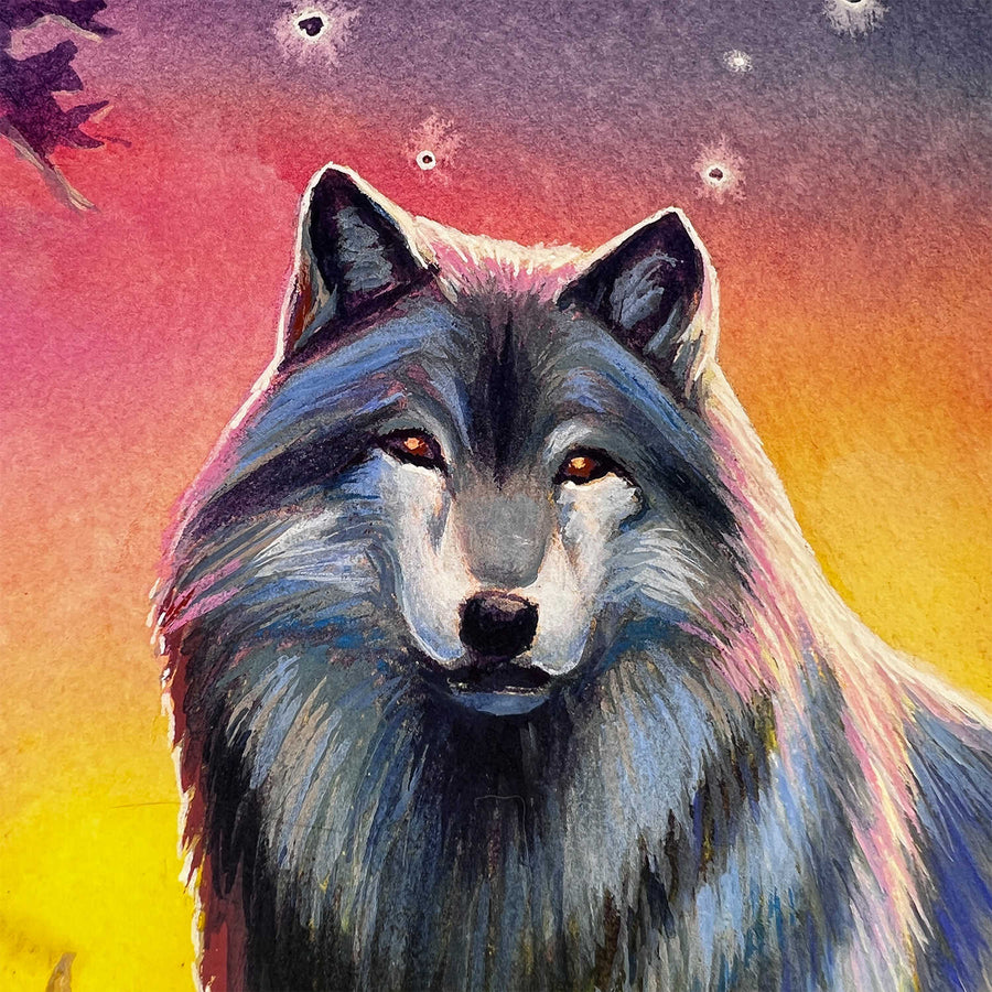 The Wolf (Twilight Watch) - Original Artwork painting with a vivid, multicolored background blending shades of orange, purple, and pink, with stars dotted in the sky above.