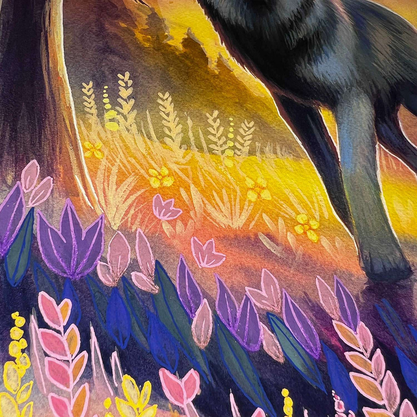 Colorful watercolor painting of The Wolf (Twilight Watch) - Original Artwork walking through a vibrant, flower-filled meadow with a dark tree trunk on the left.