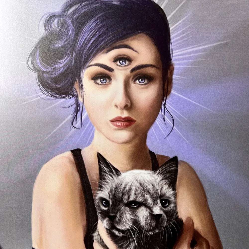 A Third Eye - Art Print, 11x17 of a woman with a blue a two-faced gray cat, detailed with a subtle glowing aura around them.