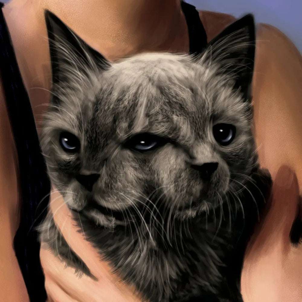 A digital painting of a young woman holding a grey cat with striking blue eyes and a slightly grumpy expression