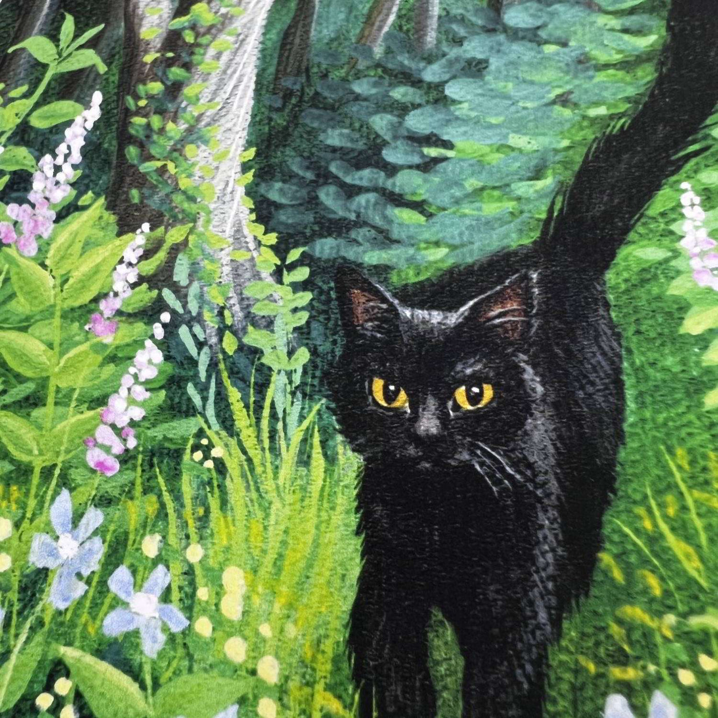 A Whiskered Welcome - Fine Art Print with striking yellow eyes stands in a lush green forest with a variety of colorful wildflowers.