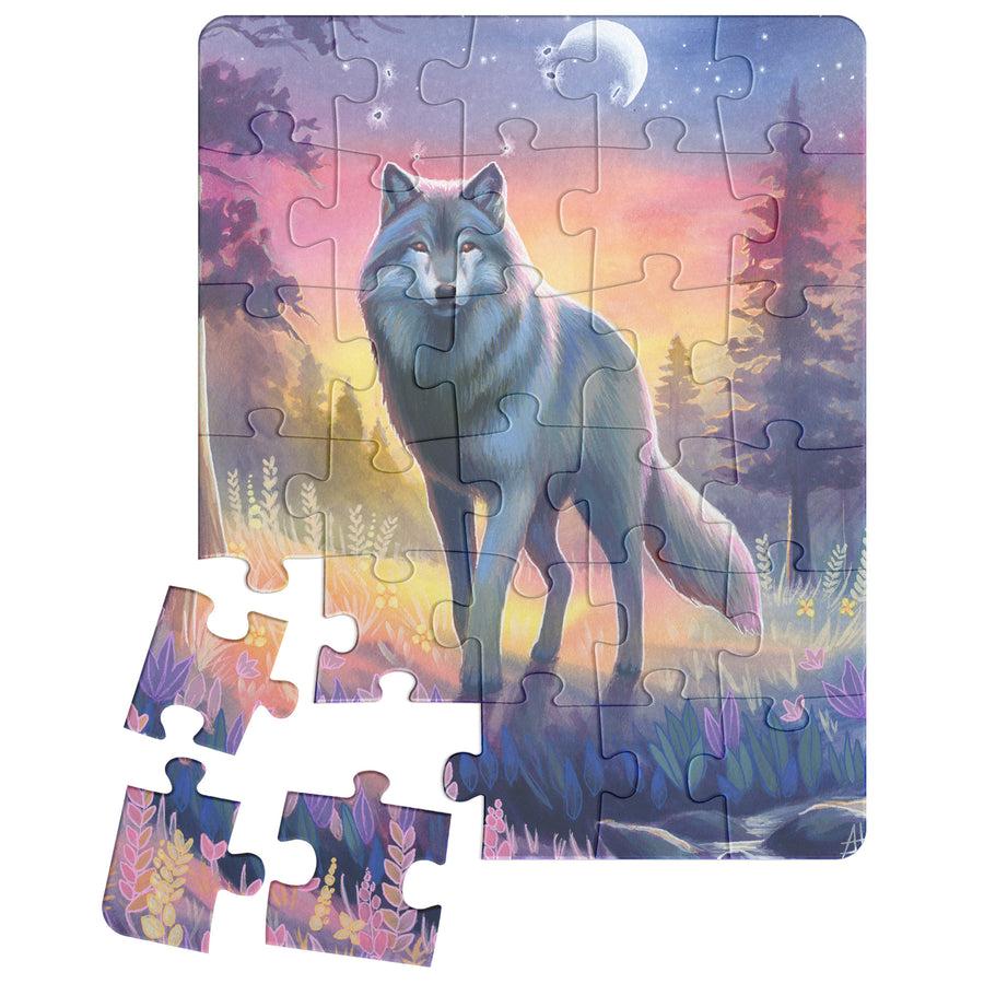 Illustration of a Wolf Puzzle depicting a fox in a colorful forest setting at dusk, with a few pieces detached from the bottom right corner.