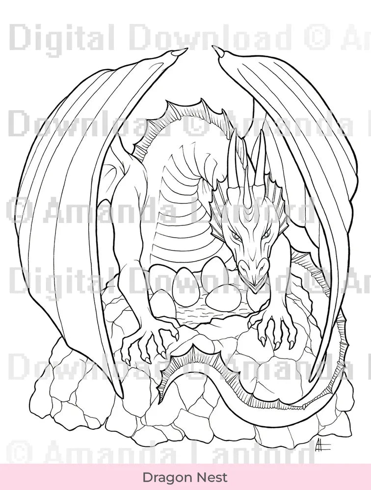 Line art of a dragon guarding a nest, ready to color, marked 'Digital Download'.