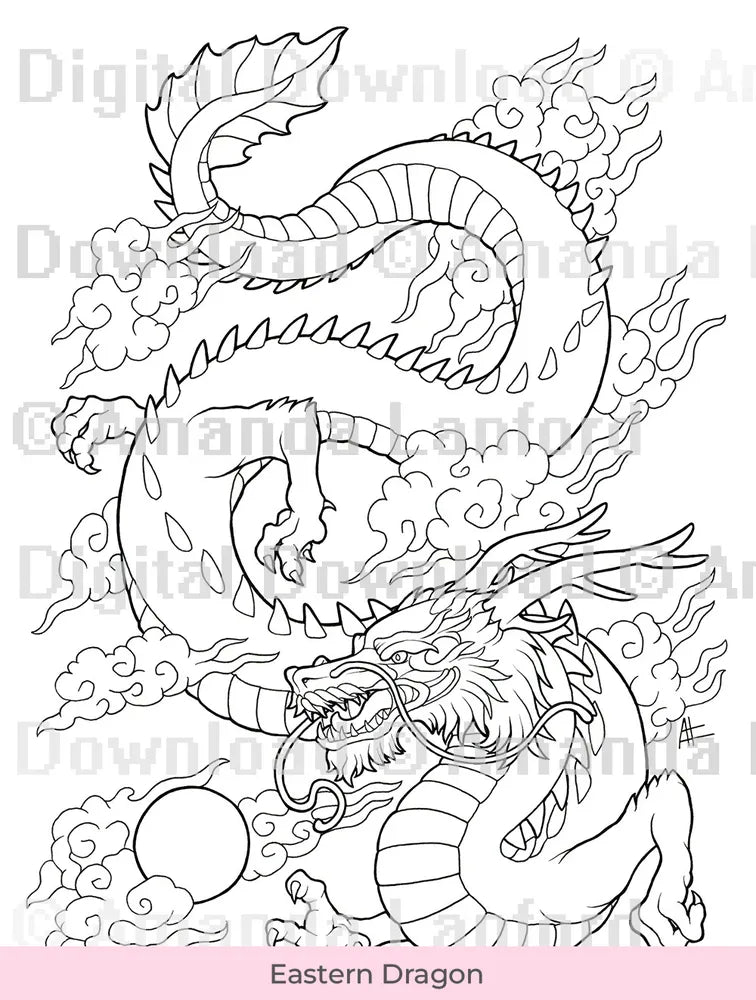 Line art of a Chinese styled dragon for coloring, marked 'Digital Download'.
