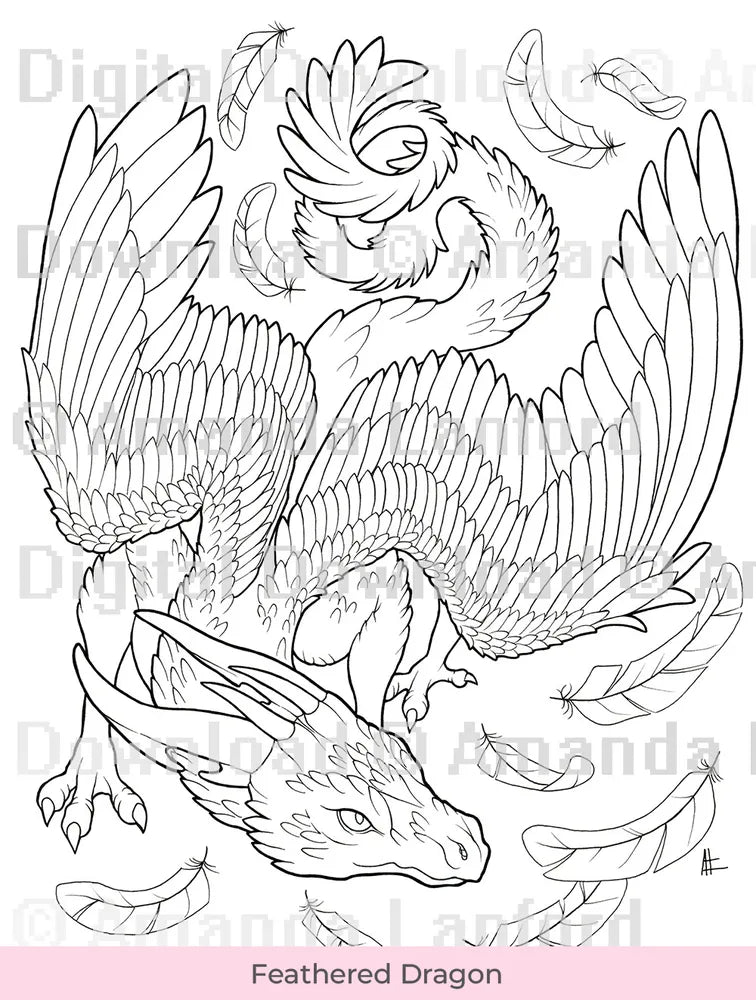 Line art of a Feathered Dragon for coloring, marked 'Digital Download'.