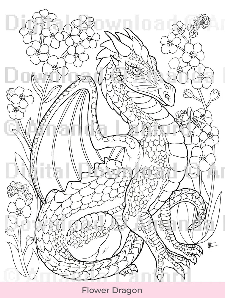 Line art of dragon surrounded by flower blossoms for coloring, marked 'Digital Download'.