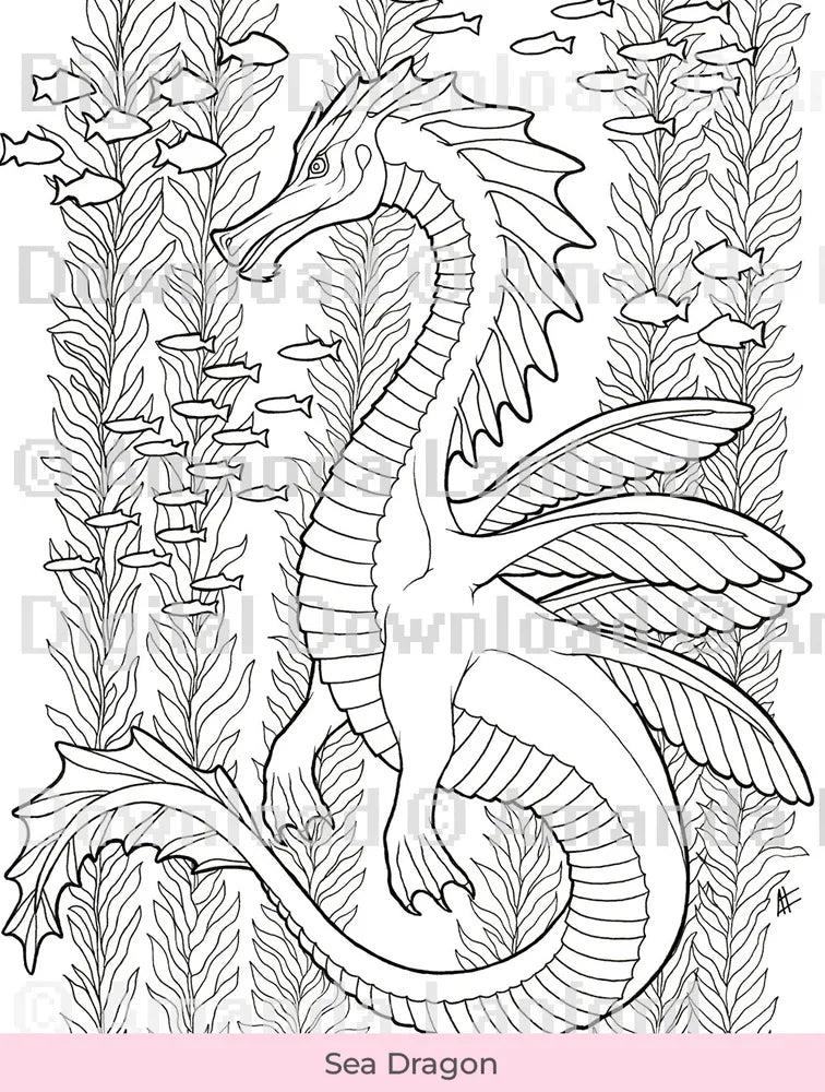 Line art of underwater sea serpent dragon for coloring, marked 'Digital Download'.