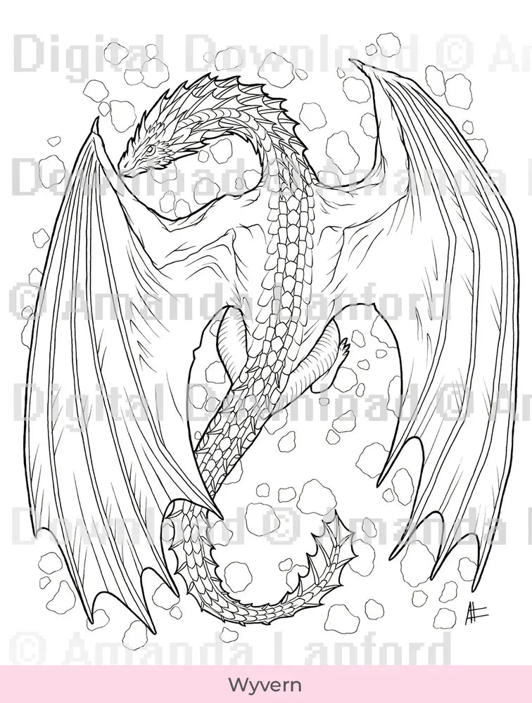 Top down line art of scaled wyvern dragon for coloring, marked 'Digital Download'.