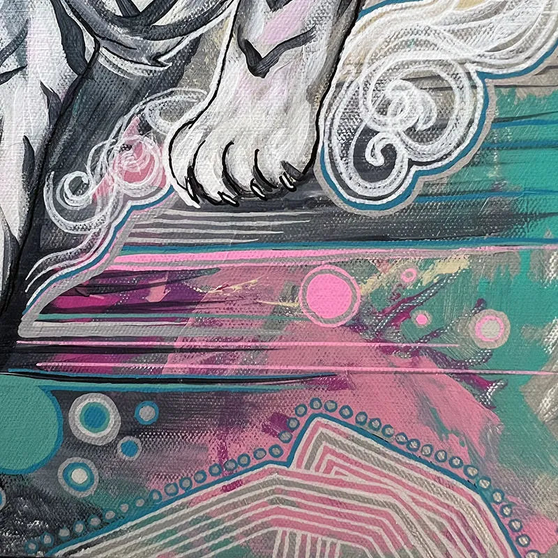 Close-up of a Year of the Tiger Pair - Fine Art Print, 11x14 featuring swirling patterns and textures in shades of pink, teal, and grey, highlighting dynamic brushstrokes and contrasting colors.